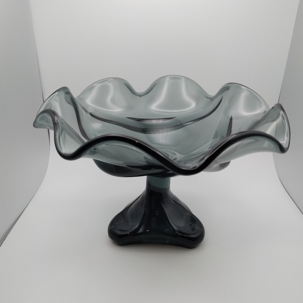 Vintage Viking Glass Charcoal Gray Epic 3 Footed Compote